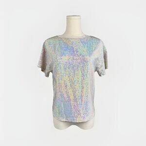 Ginger G Sequin Top Sz S Silver Metallic Rave Club Disco Glitter NYE Maximalism